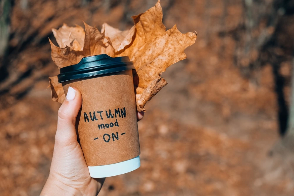 Hand holding a kraft takeaway coffee cup with black lid and “Autumn mood on” text, set against fallen leaves.